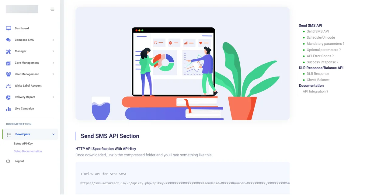 Developers section inside the bulk SMS panel with API key setup and HTTP API documentation for Send SMS, schedule, Unicode, DLR and balance check