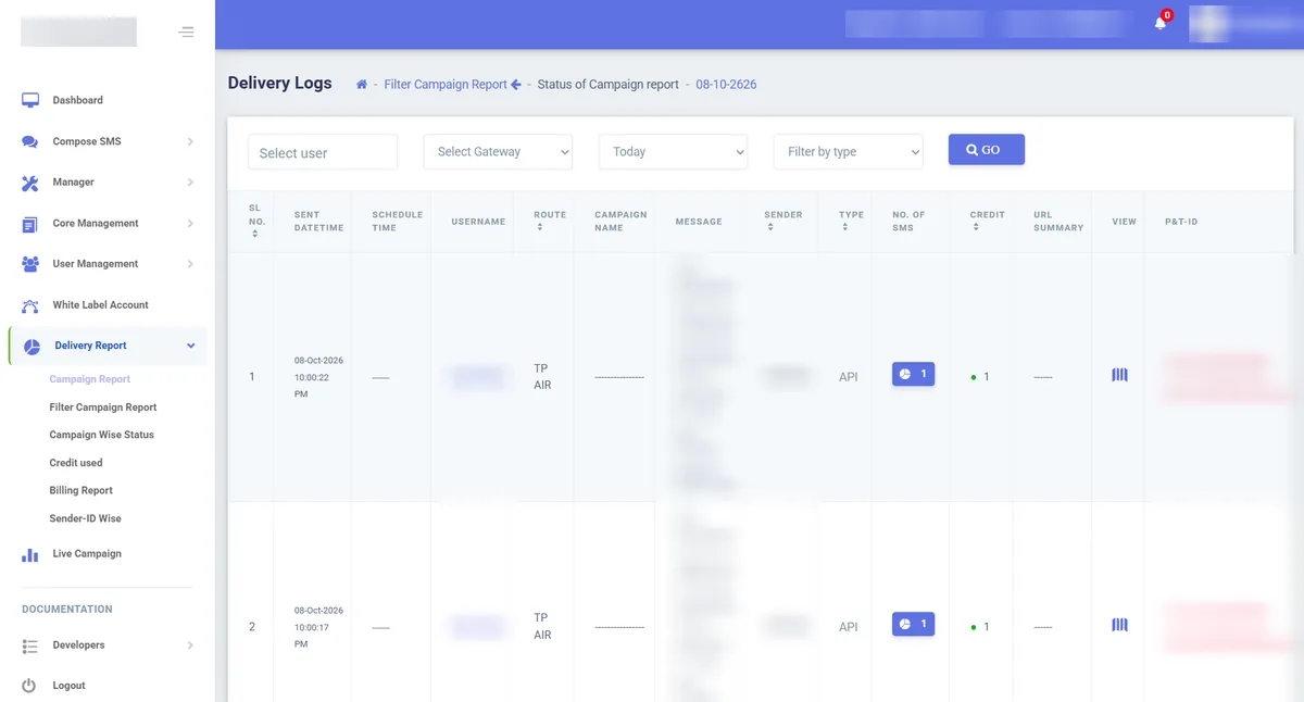 Delivery logs in the bulk SMS panel filtered by user, gateway, date and type, showing sent time, route, sender, credits and per-message status