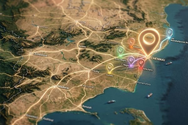 Bulk SMS coverage map across Chennai — OMR, Anna Nagar, T. Nagar, Velachery, Ambattur, Guindy