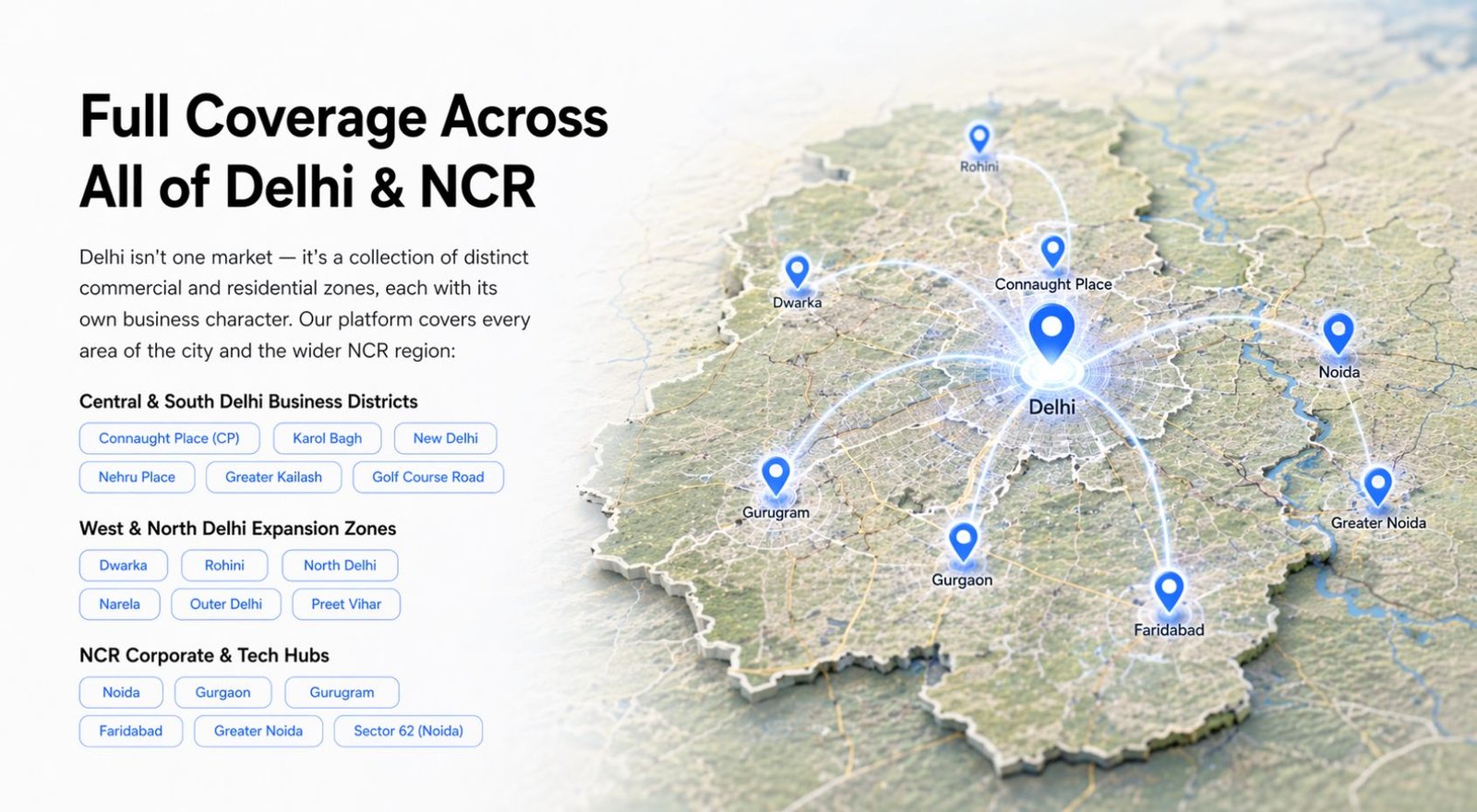 RCS messaging coverage map across Delhi NCR localities — Dwarka, Noida, Gurgaon, Faridabad, Greater Kailash, Connaught Place