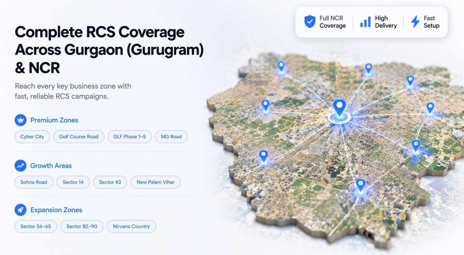 RCS messaging coverage map Gurgaon Gurugram — Cyber City, Golf Course Road, DLF, Sohna Road, MG Road, Manesar, NH-48 coverage