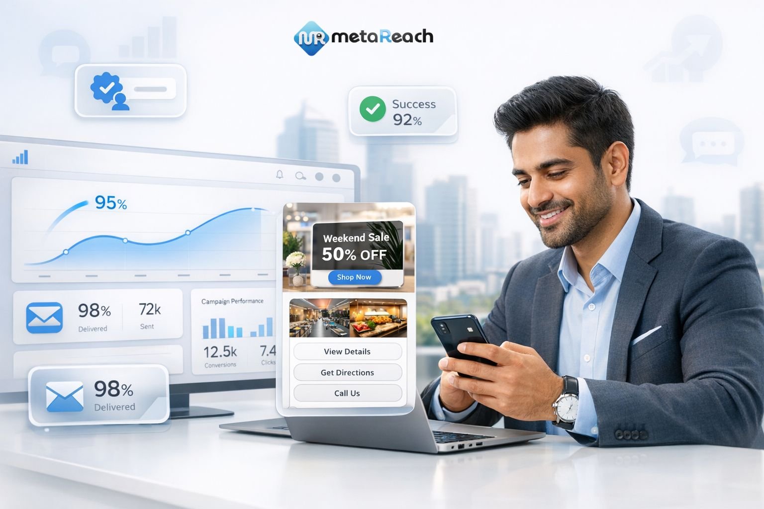 RCS messaging dashboard Mumbai - real-time analytics showing 95% open rates and verified sender badge for Mumbai businesses