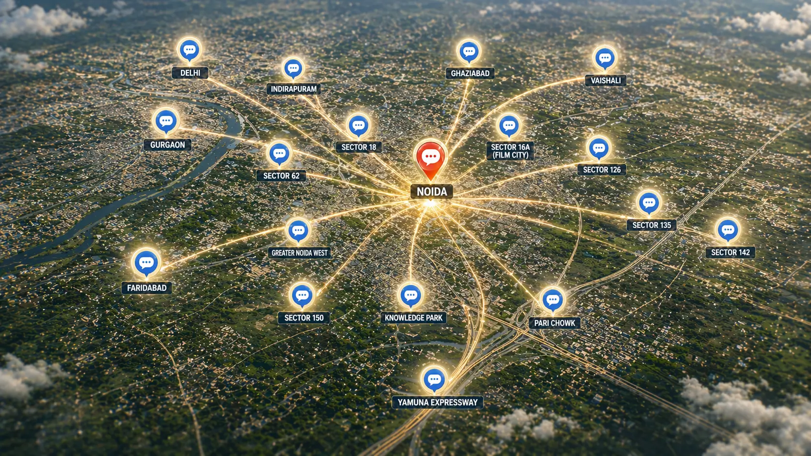 RCS messaging coverage map across Noida and Greater Noida — Sector 62, Greater Noida West, Yamuna Expressway
