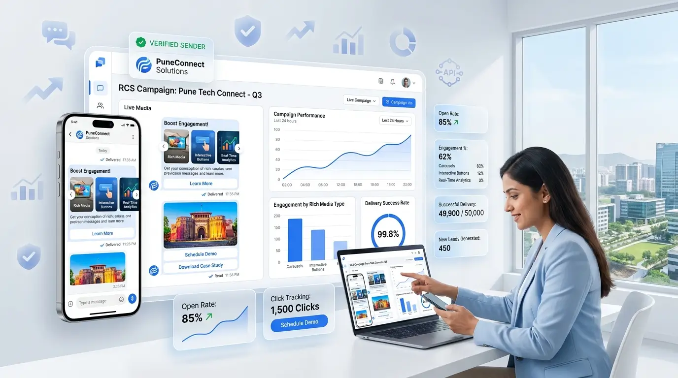 RCS messaging dashboard showing verified sender, rich media, and real-time analytics for Pune campaigns