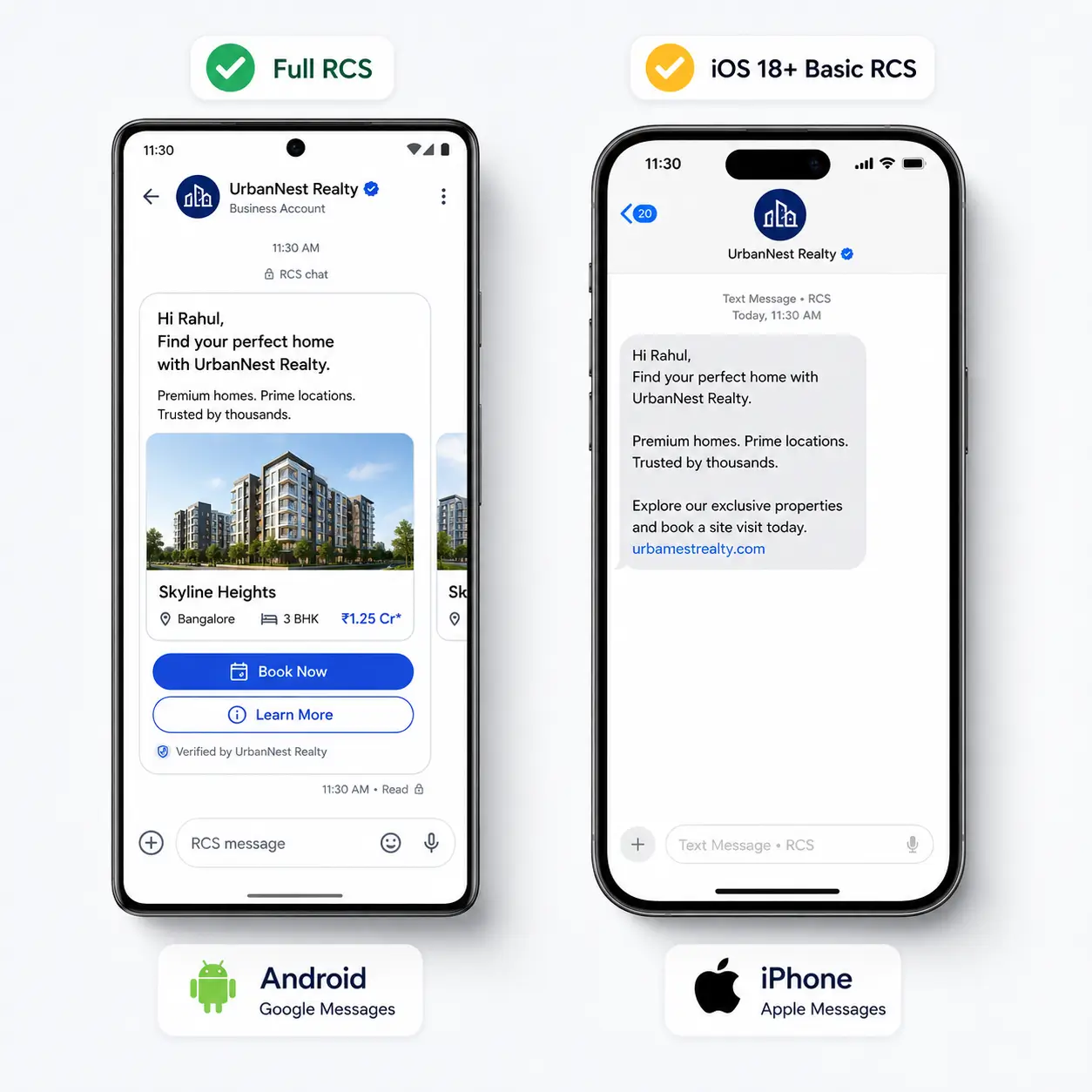 Android and iPhone devices showing RCS message support in India